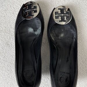 Tory Burch Sally Peep Toe Wedge Black with Silver Logo